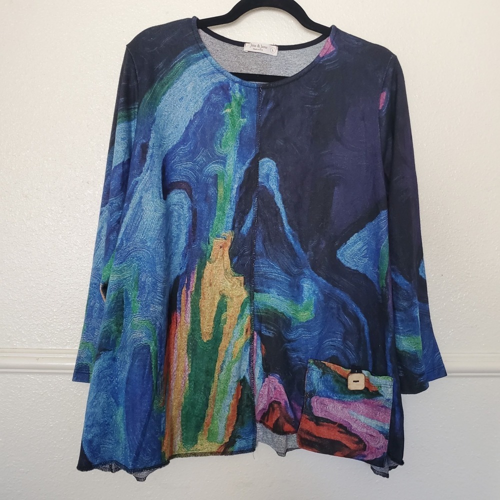 Jess & Jane Layla Abstract Art Print Knit Top Blue Multi L FB2-1449